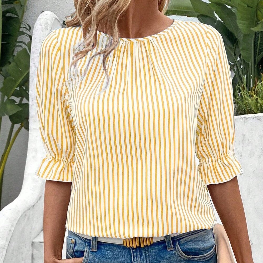Yellow Casual Women's Striped Button Back Detail Shirt - Picture 3 of 5